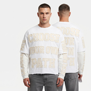 Double Layer Long Sleeve T-Shirts Men Custom High Quality Cotton 275gsm Heavyweight Tee Shirt Distressed Embroidery <b>TShirt</b> Mens - Product Image 6