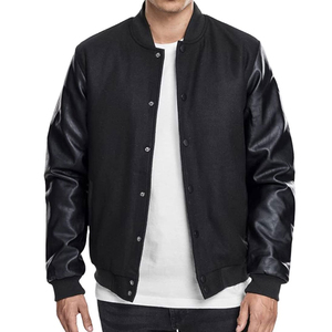 Blouson universitaire noir en cuir PU pour homme, coupe droite, col montant, style décontracté, service OEM, disponible à la vente en ligne - Collection 2026 - Product Image 1