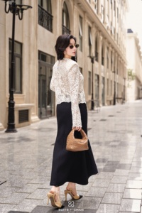 Women's Feminine <b>Long</b>-Sleeve Lace Blouse EMBERLY Vietnam 100% Polyester Regular Lace trumpet Sleeve Breathable - Product Image 2