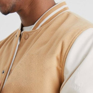 Men's Beige Varsity <b>Jacket</b> With White Sleeve And Logo Embroidery <b>Casual</b> Stand Collar Regular Fit Autumn Wear - Product Image 5