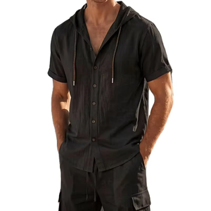 2026 Summer New Mens Cotton Short-Sleeve Shirt Set Solid Color Stand Collar Casual Beach 2pcs Quick Dry Breathable Comfortable - Product Image 1