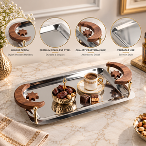 Bandeja de Servir de Acero Inoxidable de Lujo con Asas de Madera en Forma de Estrella y Luna Creciente |   Plato Rectangular para Aperitivos, Postres, Té y Decoración del Hogar - Product Image 3