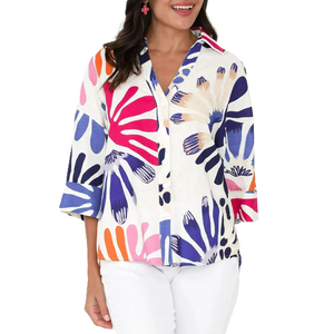 Camisa Holgada para Mujer y Blusa de Lino Teñido Liso - Camisa Hawaiana con Estampado Digital, Top Informal para Primavera, Otoño y Verano - Product Image 4