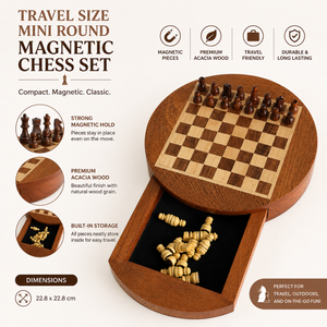 Travel Size Mini Round Magnetic <b>Chess</b> <b>Set</b> | Handmade <b>Wooden</b> Folding <b>Chess</b> Board with Storage | Portable Strategy Game for Kids - Product Image 4