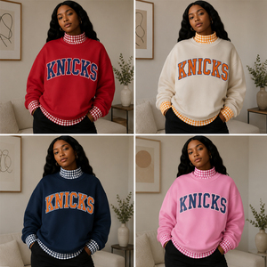 Sudadera OEM personalizada con apliques de chenilla y letras, cuello simulado con ribete a cuadros rosa, estilo oversize preppy - Product Image 3