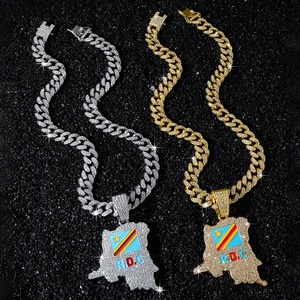 Colliers pendentifs drapeau RDC Iced Out en alliage plaqué or avec chaîne cubaine en cristal, bijoux Hip Hop Bling R.D.C. avec inscription « R.D.C » - Product Image 1