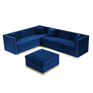 Moderno moderno poggiapiedi imbottito in velluto con ciuffi blu contemporaneo di grandi dimensioni per soggiorno appartamento Design a canale verticale - Product Image 4
