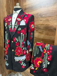 Blazer noir brodé de fleurs pour homme avec motif œil artistique – Veste de costume de créateur pour fêtes et mariages - Product Image 5
