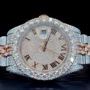 Montre de luxe pour homme en acier inoxydable, sertie de diamants Moissanite VVS1, cadran romain bicolore, vente en gros - Product Image 2