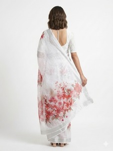 Sari de Lino y Algodón con Estampado Floral Blanco para Mujer, Elegante, Informal, Corte Regular, Largo hasta el Suelo, para Todas las Temporadas, Bengala Occidental, India - Product Image 3