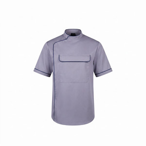 Chaqueta de Barbero Tejida de Primera Calidad, Beige, Manga Corta, Camisa de Trabajo con Bolsillo en el Pecho, Cierre de Botones, Ligera, Personalizable - Product Image 1