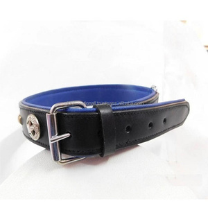 Collar de perro premium hecho a mano, cuero de grano superior con hardware pesado de latón y relleno suave de color azul - Product Image 2
