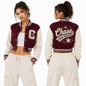 Chaqueta Corta Estilo Letterman para Mujer, Marca Privada, Cuerpo de Lana, Mangas de Cuero, Cierre con Botones a Presión, Venta al Por Mayor, Logotipo Personalizado OEM, MOQ Bajo - Product Image 2