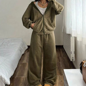 Custom Women's <b>Zip</b> Up Hoodie and Wide Leg Pants Tracksuit Premium Fleece Lounge Set OEM ODM Private Label Apparel - Product Image 1