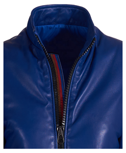 Women's blue Genuine Leather Moto Jacket Full Sleeve <b>Zipper</b> Closure Stand Collar Autumn Style - Product Image 6