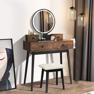 "Rustic Brown & Black <b>Makeup</b> Vanity Set with 4 Drawers Touch Screen Lighted <b>Mirror</b> & Cushioned Stool" - Product Image 4