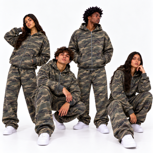 Ensemble de survêtement camouflage à capuche pour homme, coupe ample, décontracté, avec sweat-shirt et pantalon à poches latérales et fermeture éclair, idéal pour l'automne - Product Image 1