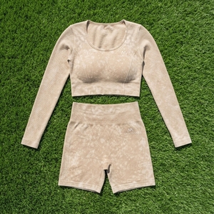 Women Beige Acid Wash <b>Long</b> <b>Sleeve</b> Crop <b>Top</b> Biker Shorts Set High Waist Gym Yoga <b>Workout</b> Activewear - Product Image 5