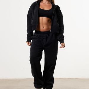 Women's Oversized Black <b>Zip</b>-<b>Up</b> <b>Cropped</b> Sweatshirt Regular Sleeve Knitted Solid Color Breathable Autumn Casual Workout Top - Product Image 3
