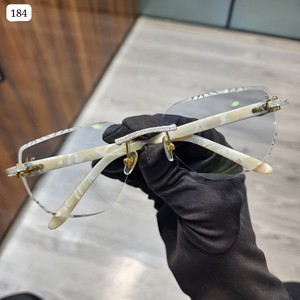 Luxury Rimless Moissanite Diamond Studded Anti-Reflective Transparent Blue Stainless Frame Sunglasses Pearl White <b>Temple</b> Arms - Product Image 1