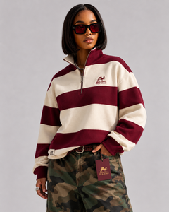 Sweat-shirt polaire uni pour femme Silk Road, couleur bordeaux, col demi-zip, décontracté, pour l'été, anti-boulochage, polyester/coton - Product Image 5