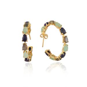 Boucles d'oreilles créoles en argent sterling 925 plaqué or 14 carats, pierres précieuses lapis lazuli et labradorite, bijoux faits main pour femmes - Product Image 4