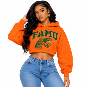 Custom Cropped <b>Hoodie</b> <b>Womens</b> Florida A&M University FAMU Rattlers <b>Orange</b> Graphic Oversized Fleece Pullover Wholesale OEM - Product Image 3