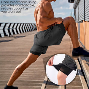 High Elastic Waistband 2 in 1 Gym <b>Shorts</b> For <b>Men</b> Drawstring Closure Type Inner <b>Compression</b> Liner Pocket <b>Shorts</b> OEM Service - Product Image 5