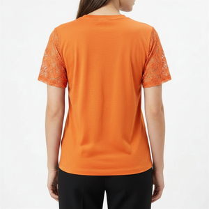 เสื้อยืดแขนสั้นคอกลมสีส้มสำหรับผู้หญิง ขายดี แต่งลูกไม้ที่แขน ระบายอากาศได้ดี เนื้อผ้าถัก สวมใส่สบายๆ สำหรับฤดูใบไม้ผลิและฤดูร้อน - Product Image 2