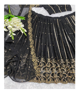 Lehenga et Choli noirs brodés de haute qualité, tenue de soirée attrayante, fabriqués en tissus fins, vêtements indiens et pakistanais - Product Image 5