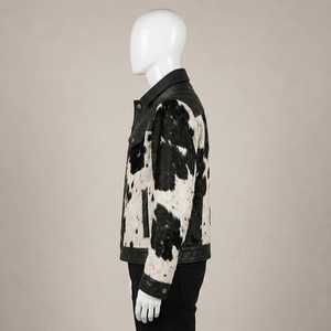 Veste de motard en cuir véritable pour homme, motif vachette, col rabattu, fermeture boutonnée, coupe classique, doublure en fausse fourrure épaisse pour l'hiver - Product Image 3