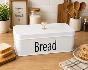 <b>White</b> Rectangular Metal Bread <b>Box</b> <b>with</b> <b>Lid</b> Crystal Knob Handle Kitchen Food Storage Container - Product Image 1