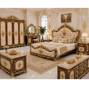 Stylish Wooden Carved Rococo Bedroom Furniture Set Teak Wood Bedroom Furniture Set with Bed, <b>Wardrobe</b>, Dresser & Nightstands USA - Product Image 1