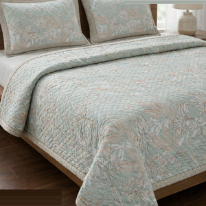 Pastel Mint Botanical Quilted <b>Comforter</b> <b>Set</b> | 3 Piece Elegant Double Bed Cover Lightweight AC Blanket with Matching Pillow Shams - Product Image 1