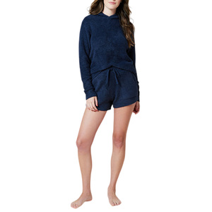 Women's <b>Navy</b> Blue Hooded Sweatshirt Shorts Set Oversized Knitted Cotton Casual Lounge Wear Solid Color Autumn Style - Product Image 1