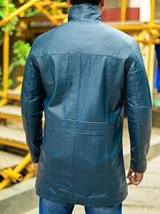 Chaqueta de Cuero Personalizada para Hombre, Abrigo Largo con Cuello Negro, Cuatro Bolsillos, Cierre de Cremallera, Chaqueta de Motociclista - Product Image 2