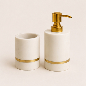 White Marble Bathroom Accessory Set with Solid Brass Accents Handcrafted Natural Soap Dispenser <b>Toothbrush</b> <b>Holder</b> For Hotel - Product Image 2