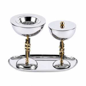 Ensemble de brûleurs à bakhoor en métal de luxe, argent et or, Mabkhara arabe avec plateau, boîte à épices, cadeau du Ramadan, encensoir décoratif du Moyen-Orient - Product Image 1