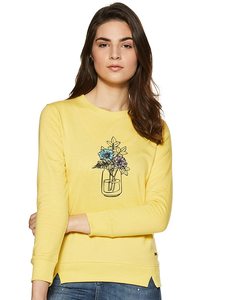 <b>Women's</b> <b>Yellow</b> Crewneck Sweatshirt With Floral Embroidery Front Print Long Sleeve Casual Wear 100% Cotton Knitted Spring Style - Product Image 3