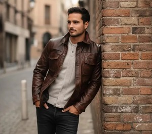 <b>Mens</b> Distressed <b>Brown</b> Genuine <b>Leather</b> Trucker <b>Jacket</b> Vintage Slim Fit Biker Coat - Product Image 4