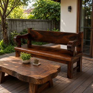 Banc de patio en bois massif Bagong, design traditionnel antique fait main, 2 places, finition brun foncé, couleur personnalisée, extérieur - Product Image 4