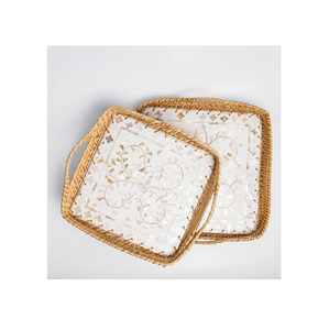 ถาดตกแต่งโต๊ะอาหารสุดหรูหรา ลายมุกประดับหวาย คุณภาพเยี่ยม สำหรับเสิร์ฟกาแฟ ชา และจัดเก็บขนม - Product Image 1