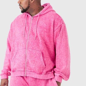 Men's <b>Pink</b> Fleece Hooded Zip-Up <b>Tracksuit</b> Full Sleeve Loose Fit Casual Winter Wear Solid Color Side Pockets 100% Polyester - Product Image 6