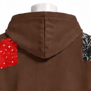 Sweat à capuche zippé marron en patchwork tapisserie, coupe oversize, avec patchs imprimés, style streetwear décontracté - Product Image 4