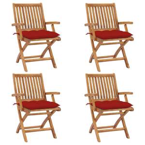 Set di 4 Sedie da Patio in Teak Naturale con Cuscini Rossi, Arredamento da Esterno Resistente - Product Image 1