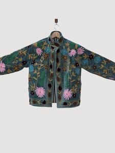 Premium Grey Velvet Embroidered Suzani Jacket With Multicolor Floral Pattern Full Sleeve <b>Stand</b> Collar Handmade Boho Winter <b>Coat</b> - Product Image 3