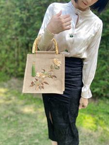 Natural Fiber Jute Hand Bag with Cotton Handles Reusable Eco Friendly Shopping Tote Bag - Product Image 5