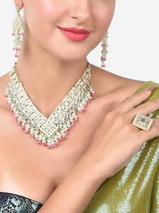 Women's Gold Plated Ethnic Jewelry Set with Imitation Pearl Necklace Earrings <b>Ring</b> for Wedding & Party - Product Image 5
