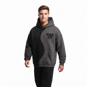 Sweat-shirt à capuche pour homme de qualité supérieure, color block, coupe décontractée, en molleton de coton épais, noir et gris, personnalisable - Product Image 3