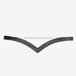 Banda de cejas de caballo de cuero acolchado negro en forma de V profundo de excelente calidad decorada con piedras de cristales multicolores Hotfix Brow Band - Product Image 2